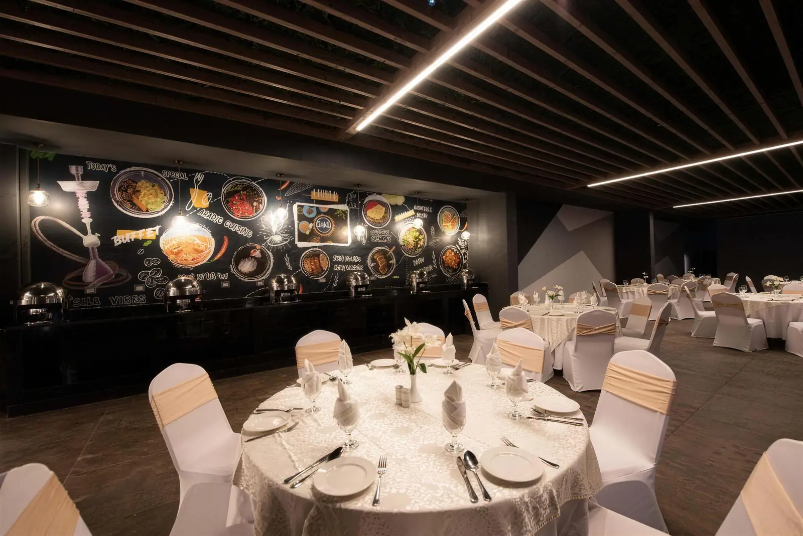 Outdoor banquet terrace set for a wedding at Gul Cafe, Dubai Investment Park