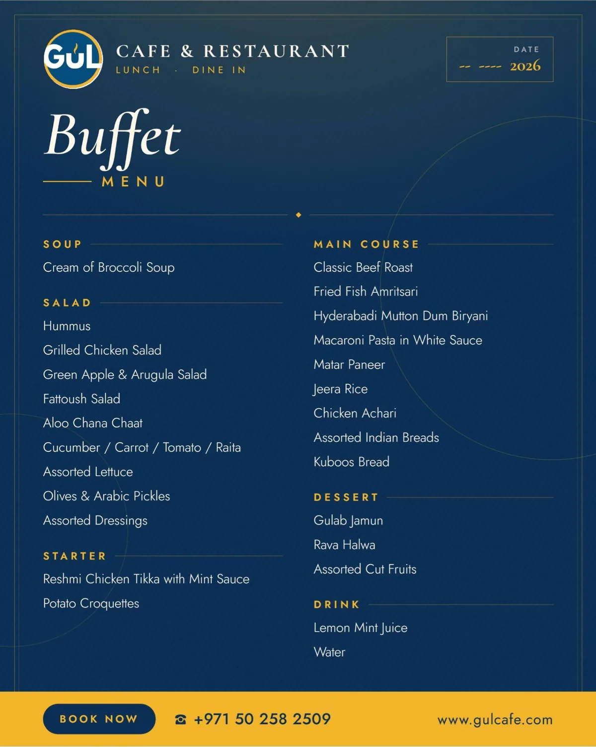 Sample lunch buffet menu at Gul Cafe, Dubai Investment Park: cream of broccoli soup; hummus, fattoush and six more salads; reshmi chicken tikka and potato croquettes; beef roast, fried fish Amritsari, Hyderabadi mutton dum biryani, matar paneer, chicken achari and more; gulab jamun, rava halwa and fresh fruit; lemon mint juice