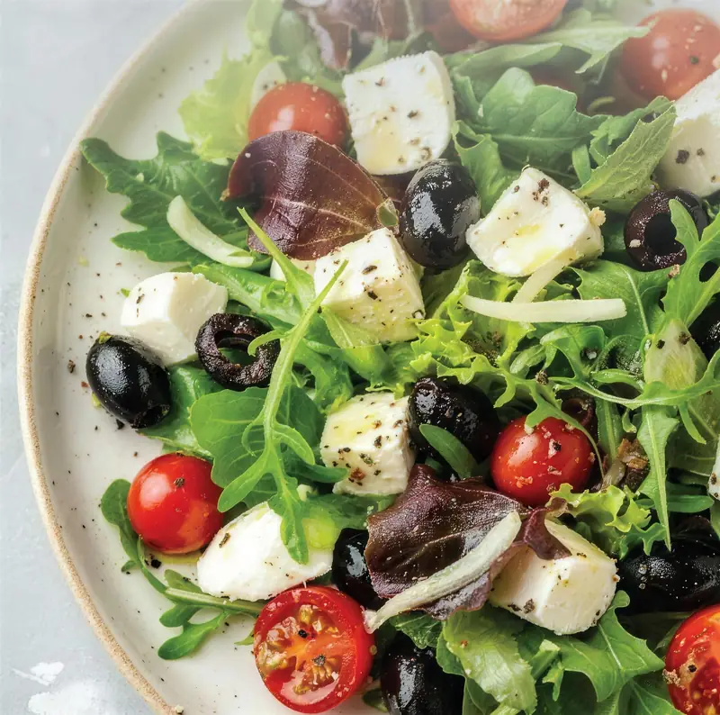 Fresh salad with feta, olives and cherry tomatoes at Gul Cafe, Dubai Investment Park